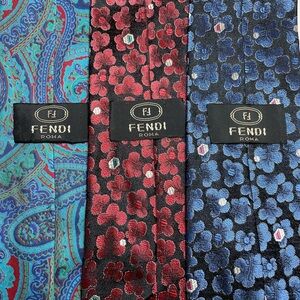 Vintage FENDI Silk Neckties Ties Lot Of 4 Blue Paisley Red Gray Black